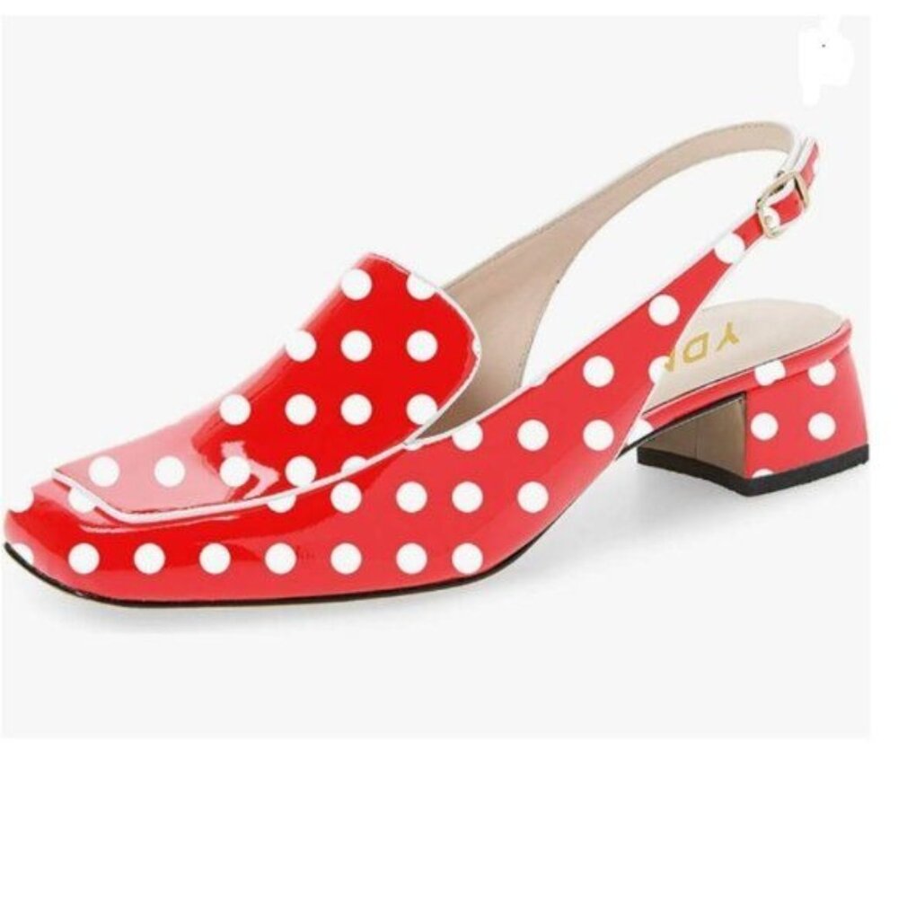 Ydn Red Polka Dots Square Toe Block Low Heels Sli… - image 1